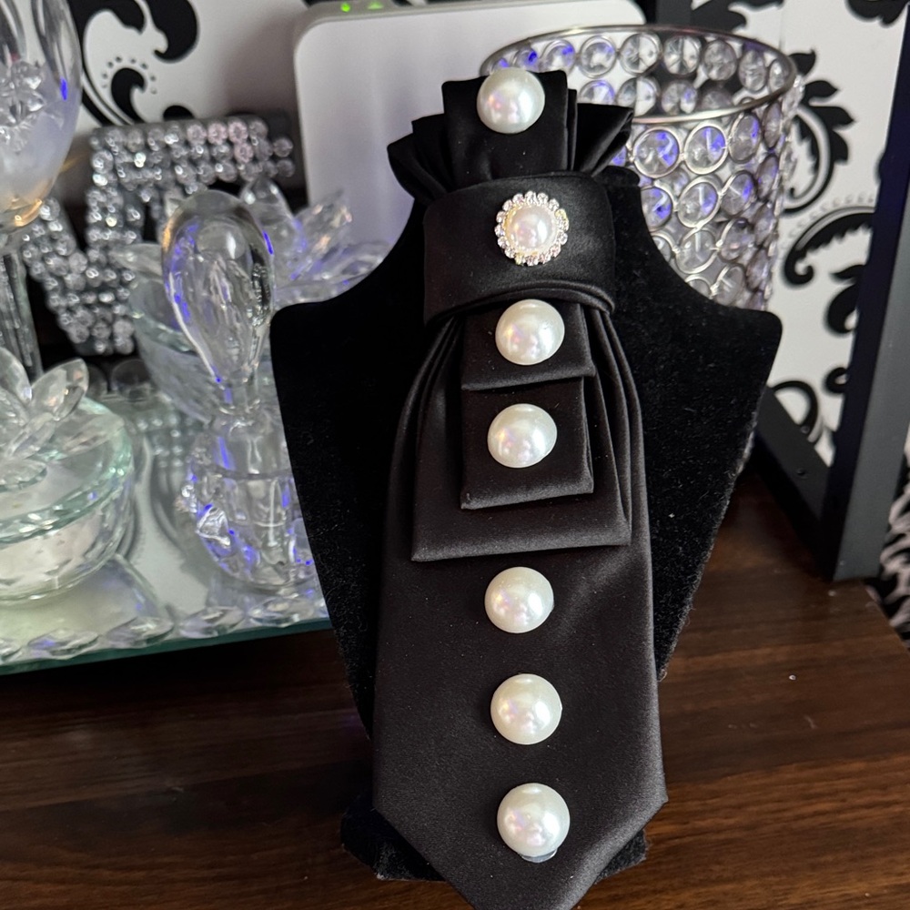 Black Satin Statement Brooch with Large Pearl Buttons